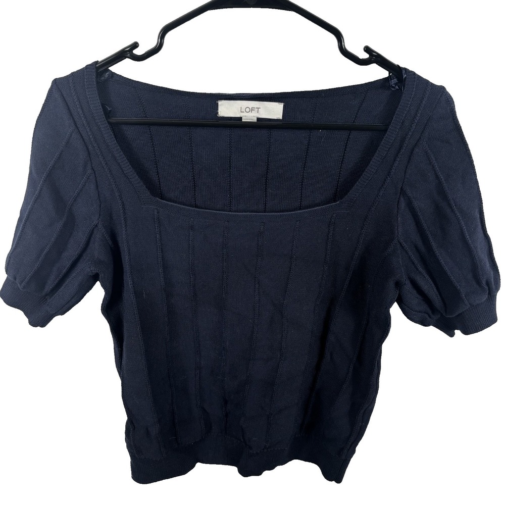 LOFT Navy Blue Ribbed Square Neck Puff Short Sleeve Knit Sweater Top